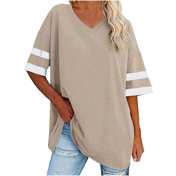 Ltctricy Women's Oversized T Shirts V Neck Half Sleeve Color Block Tunic Tops Casual Loose Tee Blouses 2025