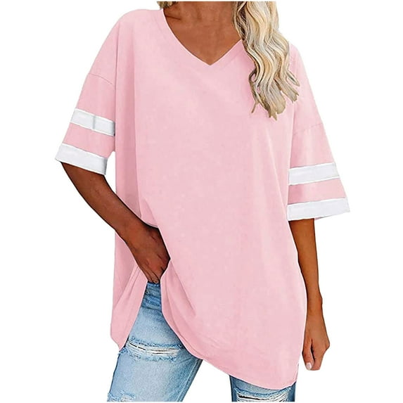 Ltctricy Women's Oversized T Shirts V Neck Half Sleeve Color Block Tunic Tops Casual Loose Tee Blouses