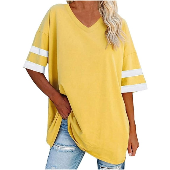 Ltctricy Women's Oversized T Shirts V Neck Half Sleeve Color Block Tunic Tops Casual Loose Tee Blouses