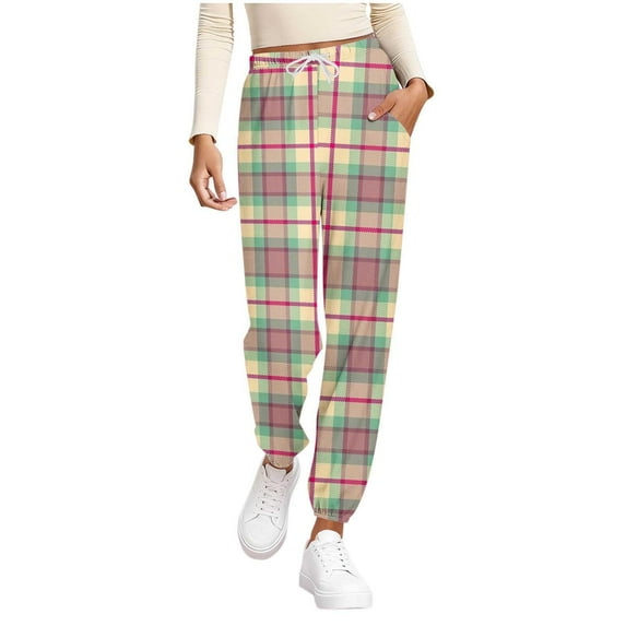 Ltctricy Women's Pajama Pants High Waisted Drawstring Plaid Lounge Joggers Loose Casual Yoga Pants Sleep Pj Bottoms with Pockets(Khaki,Small)