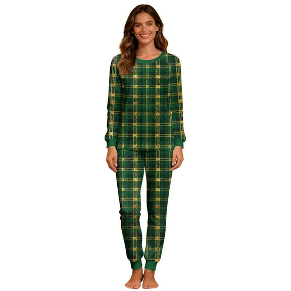 Ltctricy Women's Pajama Sets Long Sleeve Crew Neck Plaid Christmas Sleepwear Tops Jogger Pants 2 Piece Lounge Sets(Green,X-Large)