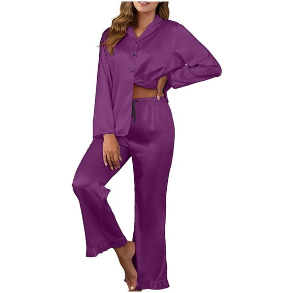 Ltctricy Women's Pajama Sets Silk Satin Long Sleeve V Neck Collared Button down Shirt Sleepwear Pants 2 Piece Lounge Sets(Purple,XX-Large)