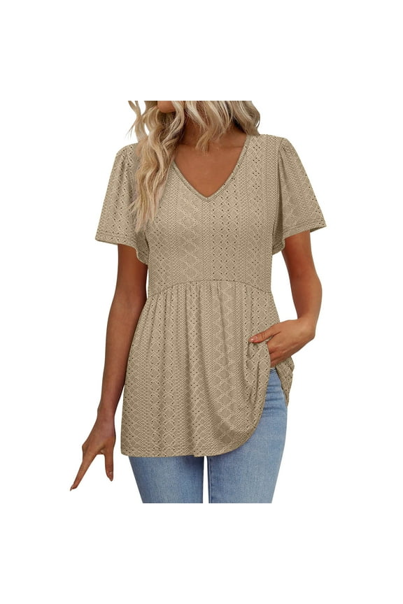 Women's Peplum Tops Fashion V Neck Short Sleeve Eyelet Embroidered T Shirts Casual Tunic Blouses