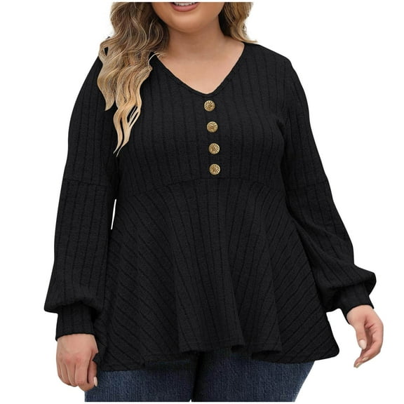 Ltctricy Women's Plus Size Babydoll Tops V Neck Button Front Lantern Long Sleeve Ribbed Knit Tunic Blouses Casual Lightweight Sweaters(Black,XX-Large)