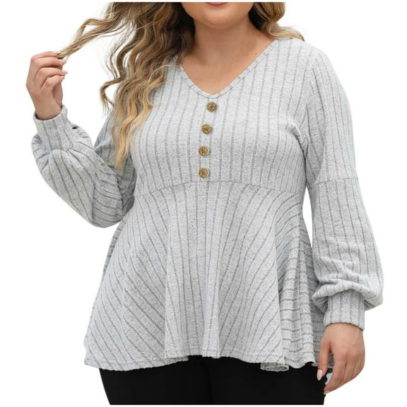 Ltctricy Women's Plus Size Babydoll Tops V Neck Button Front Lantern Long Sleeve Ribbed Knit Tunic Blouses Casual Lightweight Sweaters(Gray,XX-Large)