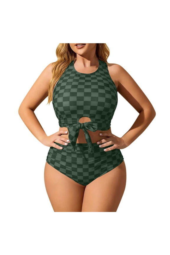 Women's Plus Size Bikini Sets High Neck Racerback Tie Front Cut out Ruched Plaid Crop Top Bathing Suits One Piece Swimsuits