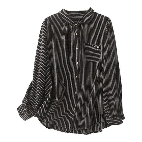 Ltctricy Women's Plus Size Cotton Linen Tops Long Sleeve Collared Pleated Button down Shirts Casual Loose Tunic Blouses(Black,X-Large)