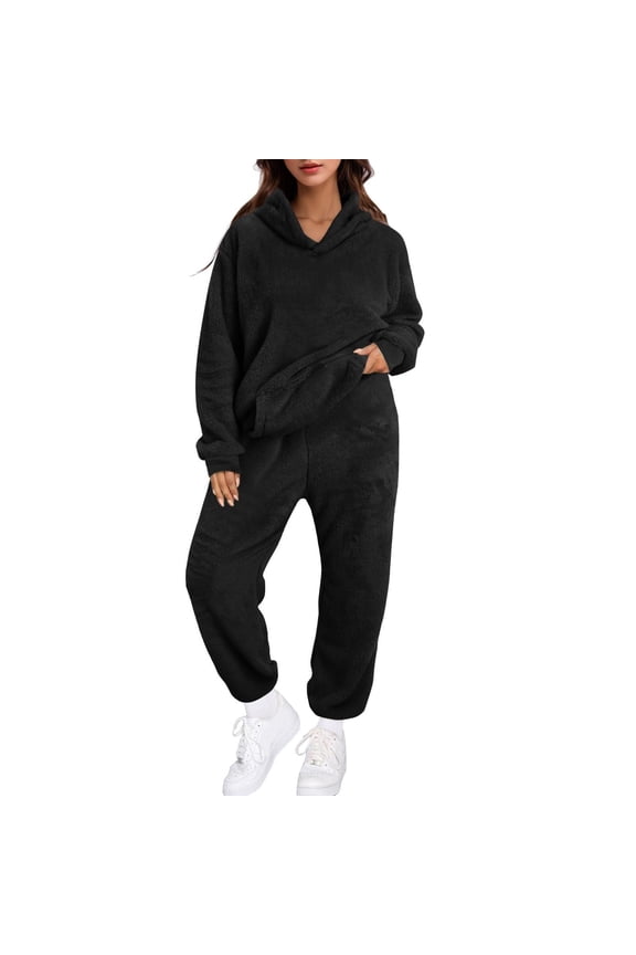 Women's Plus Size Fluffy Pajama Sets Fuzzy Fleece Long Sleeve Pullover Hoodies and Jogger Pants 2 Piece Lounge Sets(Black,XX-Large)