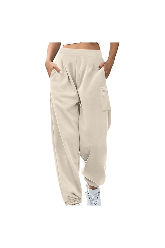 Women's Plus Size Joggers Baggy Elastic High Waisted Cinch Bottom Cargo Sweatpants Workout Lounge Pants with Pockets(Beige,3X-Large)