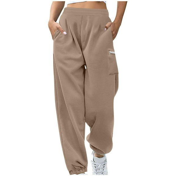 Ltctricy Women's Plus Size Joggers Baggy Elastic High Waisted Cinch Bottom Cargo Sweatpants Workout Lounge Pants with Pockets(Khaki,X-Large)