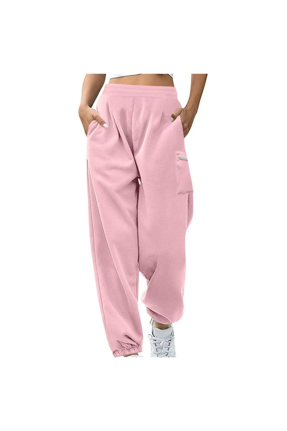 Women's Plus Size Joggers Baggy Elastic High Waisted Cinch Bottom Cargo Sweatpants Workout Lounge Pants with Pockets(Pink,X-Large)