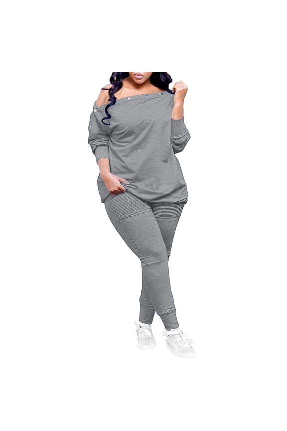 Women's Plus Size Lounge Sets off Shoulder Long Sleeve Pullover Top Pleated Legging Sweatpants 2 Piece Casual Outfits(Gray,4X-Large)