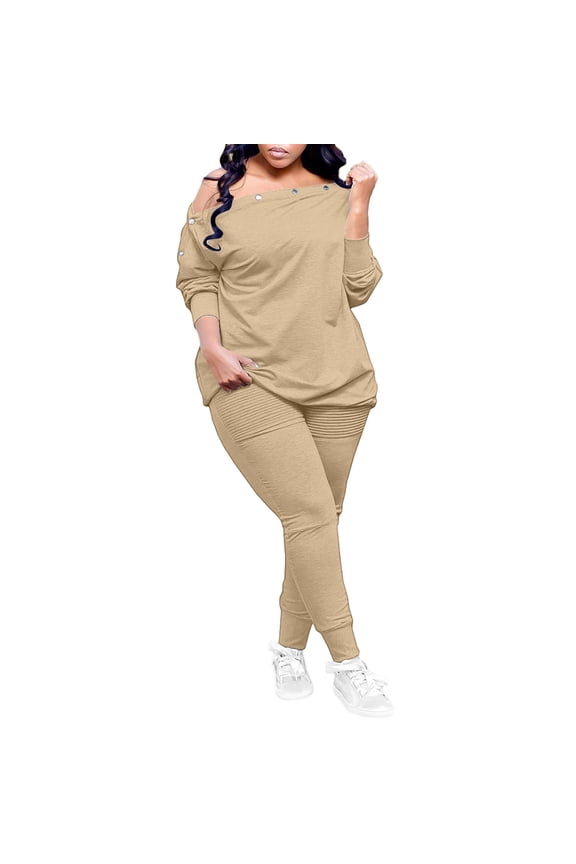 Women's Plus Size Lounge Sets off Shoulder Long Sleeve Pullover Top Pleated Legging Sweatpants 2 Piece Casual Outfits(Khaki,4X-Large)