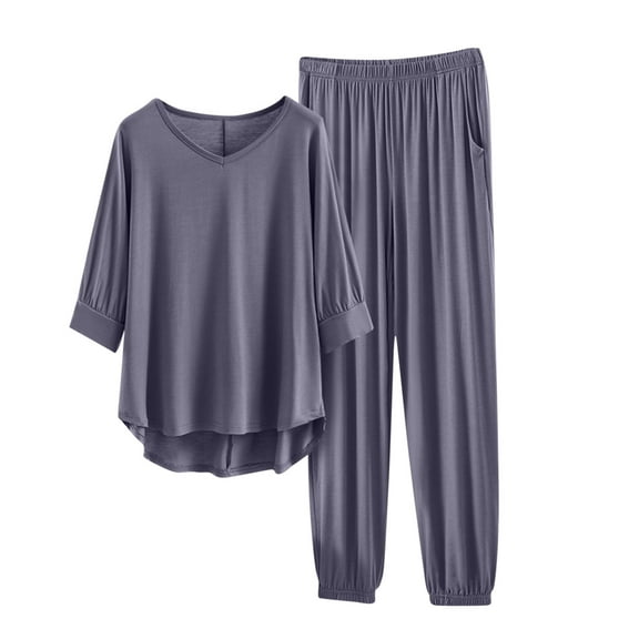 Ltctricy Women's Plus Size Pajamas Lantern Half Sleeve V Neck Curved Hem Sleepwear T Shirts and Pants 2 Piece Lounge Pj Sets(Dark Gray,Medium)