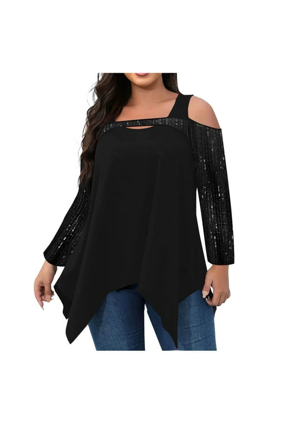 Women's Plus Size Sequin Tops Sparkly Cold Shoulder Square Neck Asymmetrical Hem Long Sleeve Shirts Glitter Party Blouses(Black,5X-Large)