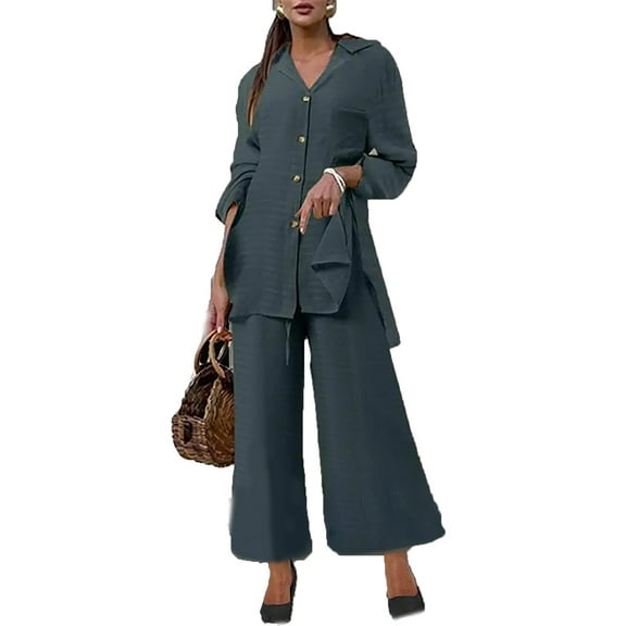 Ltctricy Women's Plus Size Sets 2 Piece Long Sleeve Lapel Button down Shirts and Wide Leg Pants Baggy Lounge Outfits