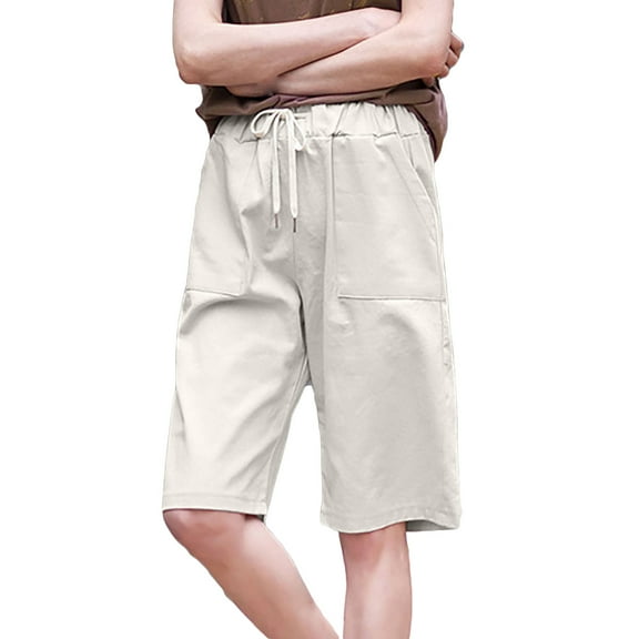 Ltctricy Women's Plus Size Shorts Elastic High Waisted Drawstring Wide Leg Bermuda Shorts Knee Length Shorts with Pockets