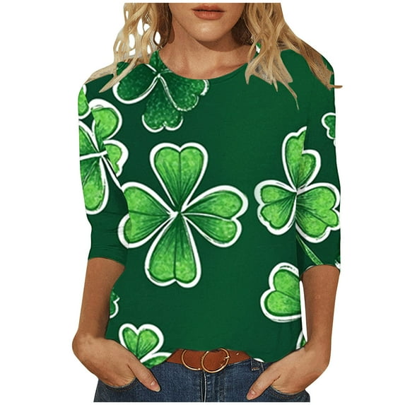 Ltctricy Women's Plus Size St. Patrick's Day Tops Fashion 3/4 Sleeve Crewneck Casual Shirts Lounge Spring Comfy Loose Blouse