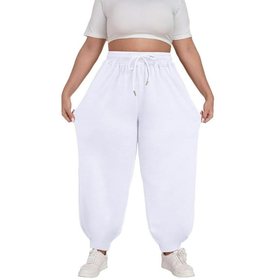 Ltctricy Women's Plus Size Sweatpants Elastic High Waisted Wide Leg Cinch Bottom Workout Lounge Pants Baggy Casual Joggers(White,4X-Large)