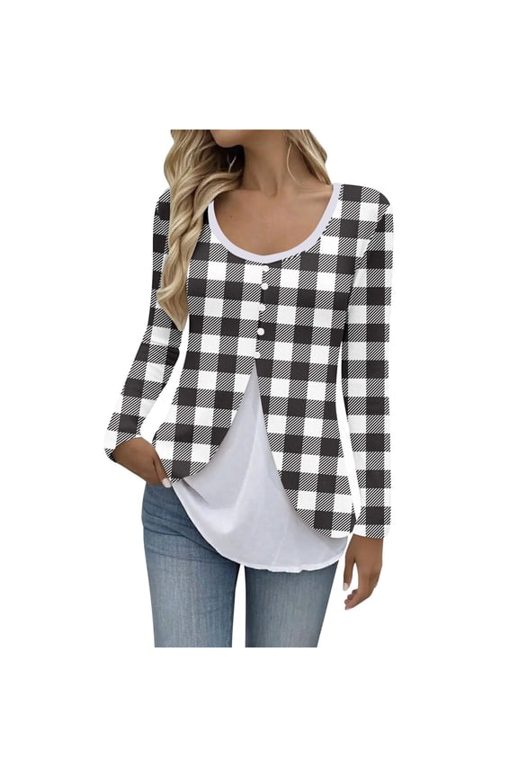 Women's Plus Size T Shirts Long Sleeve 2 in 1 Half Button Scoop Neck Plaid Tunic Tops Casual Tee Blouses(White,Medium)