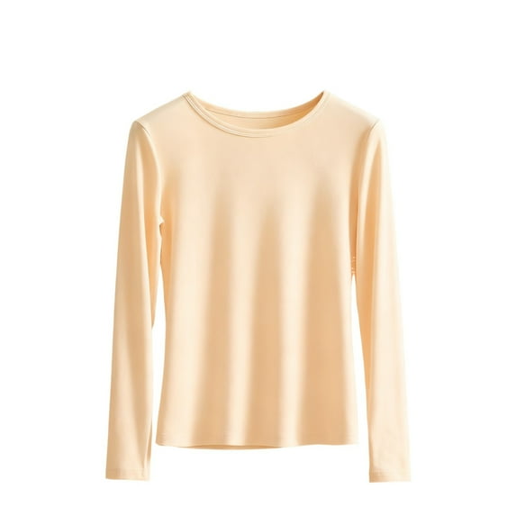 Ltctricy Women's Plus Size Thermal Shirts Cotton Long Sleeve Crew Neck Solid Color Basic T Shirts Base Layer Tee Tops(Beige,X-Large)