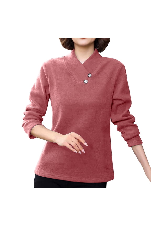 Women's Plus Size Thermal Shirts Fleece Warm Long Sleeve V Neck Base Layer Tops Soft Basic Undershirts(Red,Large)