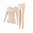 thumbnail image 1 of Ltctricy Women's Plus Size Thermal Underwear Long Sleeve V Neck Built in Bra Slim Undershirts and Leggings 2 Piece Base Layer Sets(Beige,Large), 1 of 7