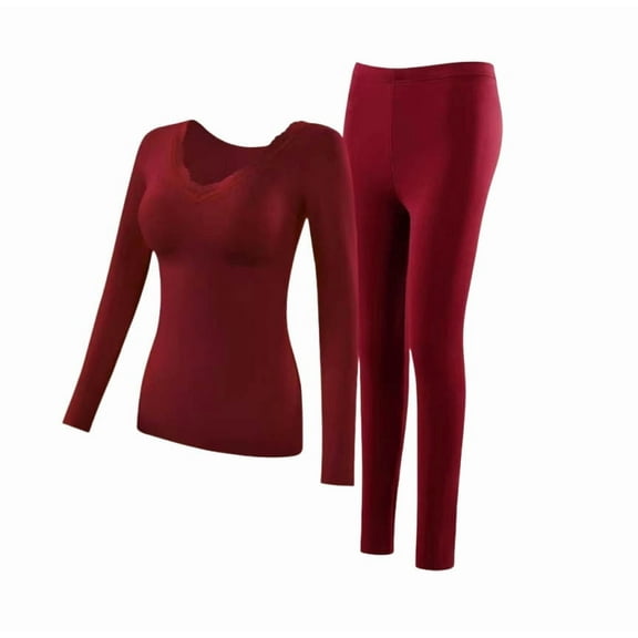 Ltctricy Women's Plus Size Thermal Underwear Long Sleeve V Neck Built in Bra Slim Undershirts and Leggings 2 Piece Base Layer Sets(Red,X-Large)