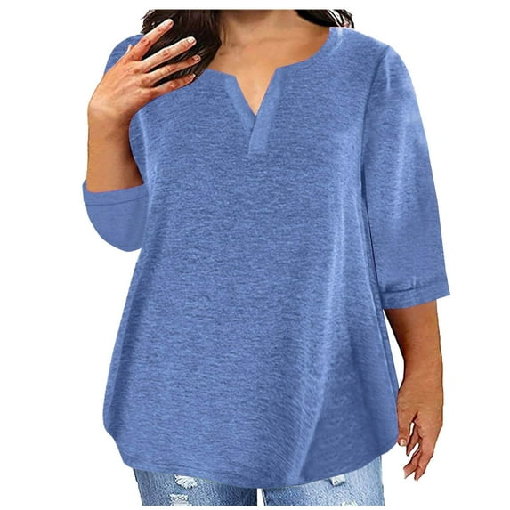 Ltctricy Women's Plus Size Tops Casual V Neck 3/4 Sleeve Solid Color Basic T Shirts Loose Tunic Tee Blouses