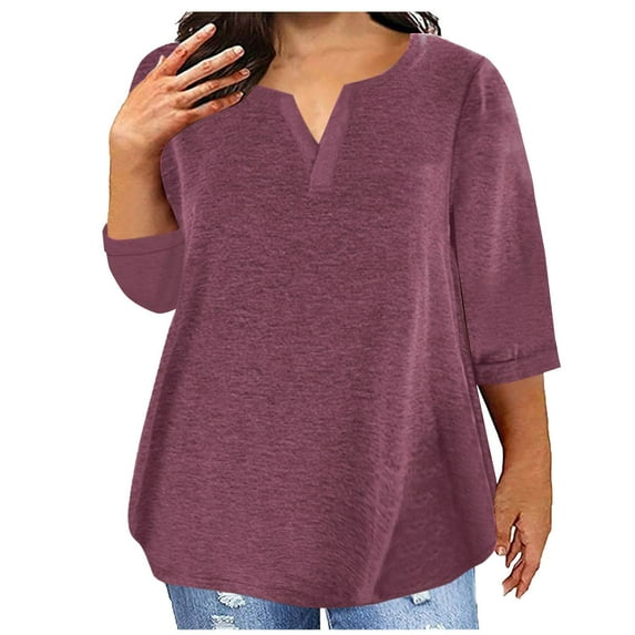 Ltctricy Women's Plus Size Tops Casual V Neck 3/4 Sleeve Solid Color Basic T Shirts Loose Tunic Tee Blouses