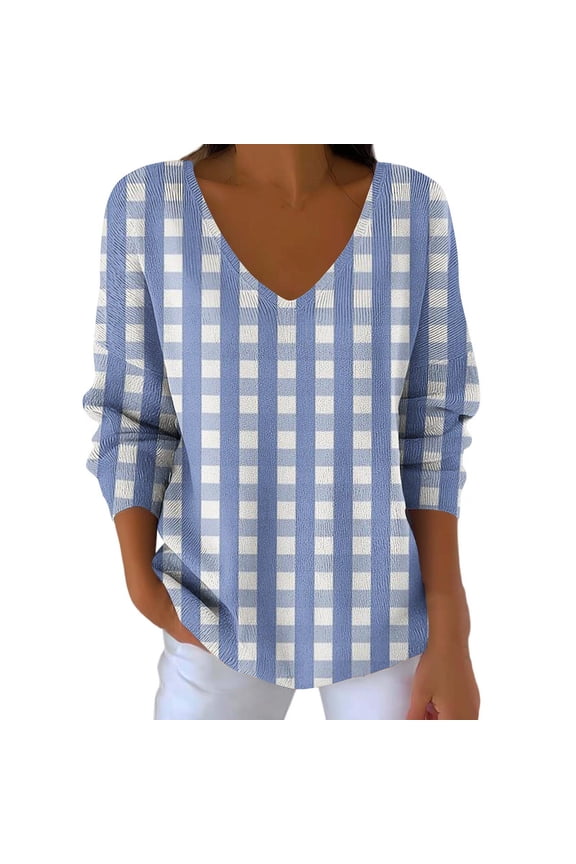 Women's Plus Size Tops Fashion Long Sleeve V Neck Fleece Warm Plaid T Shirts Soft Casual Tees Loose Tunic Blouses(Blue,X-Large)