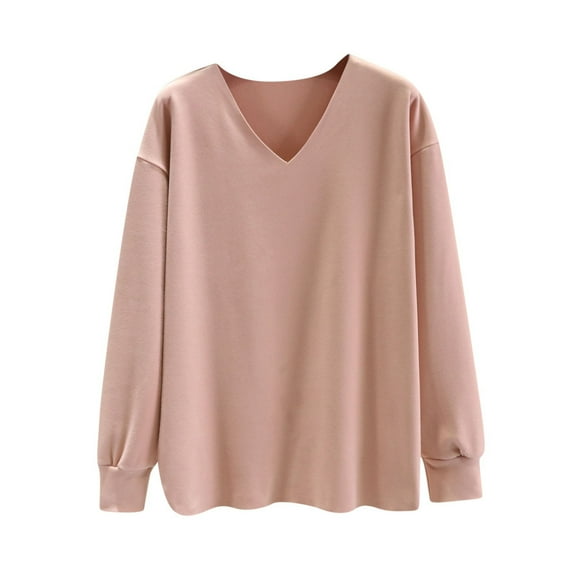 Ltctricy Women's Plus Size Tops Lantern Long Sleeve V Neck Fleece Warm T Shirts Loose Thermal Undershirts Fall Winter Clothes(Pink,Large)