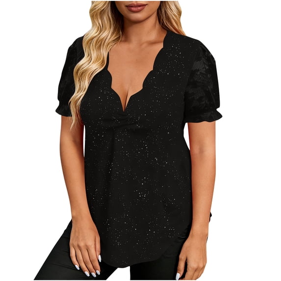 Ltctricy Women's Plus Size Tops Sequin Ruffle Short Sleeve Scalloped Deep V Neck Curved Hem Sparkly T Shirts Dressy Casual Blouses