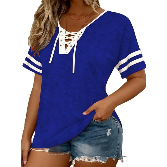 Ltctricy Women's Plus Size Tops Short Sleeve V Neck Striped Lace up T-Shirts Casual Loose Tunic Blouses Spring Summer Tees