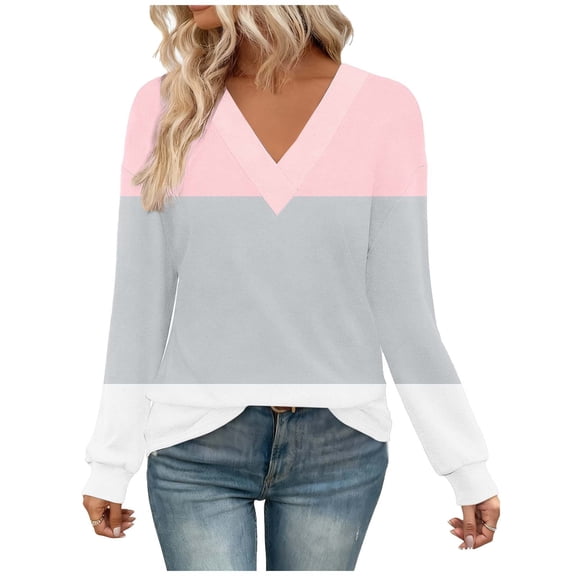 Ltctricy Women's Plus Size Tops Trendy Long Sleeve V Neck Color Block Casual Loose Pullover Shirts Fall Winter Clothes(Pink,Medium)