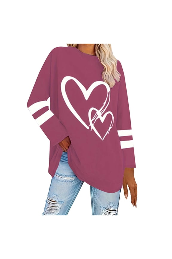 Women's Plus Size Tunic Tops Long Sleeve Crew Neck Striped Heart Printed Oversized T Shirts Casual Loose Tee Blouses(Wine,X-Large)