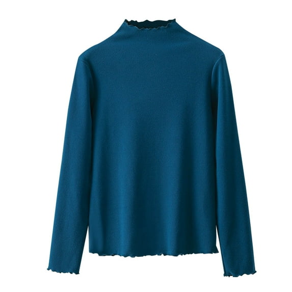 Ltctricy Women's Plus Size Turtleneck Tops Ruffle Mock Neck Long Sleeve Soft Cotton Slim T Shirts Basic Tee Undershirts(Blue,X-Large)