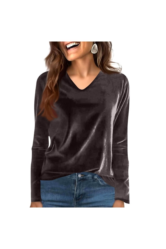 Women's Plus Size Velvet Tops Trendy V Neck Long Sleeve Solid Color Velour T Shirts Dressy Casual Blouses(Khaki,Medium)