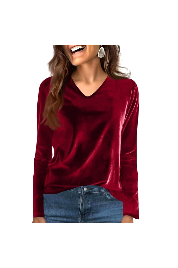 Women's Plus Size Velvet Tops Trendy V Neck Long Sleeve Solid Color Velour T Shirts Dressy Casual Blouses(Red,Large)