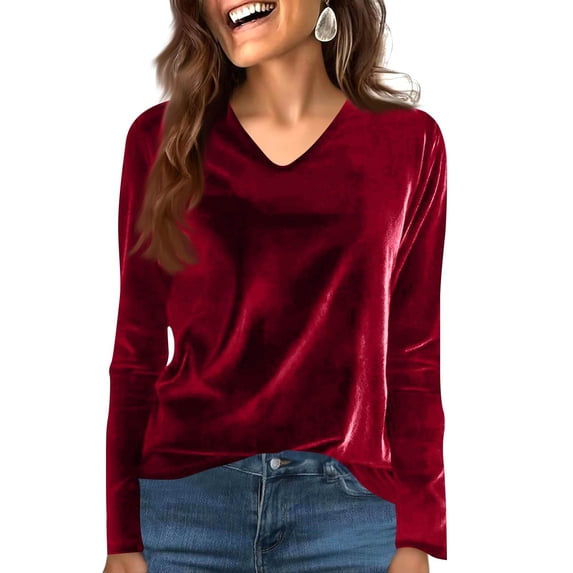 Ltctricy Women's Plus Size Velvet Tops Trendy V Neck Long Sleeve Solid Color Velour T Shirts Dressy Casual Blouses(Red,X-Large)
