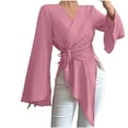 thumbnail image 1 of Ltctricy Women's Satin Blouses Bell Long Sleeve Cross Wrap V Neck Tie Side Pleated Asymmetrical Hem Shirts Dressy Casual Tops(Pink,Large), 1 of 4