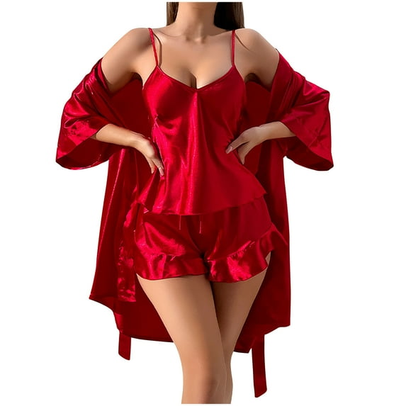 Ltctricy Women's Satin Pajama Set 3 Piece Sleepwear Sleeveless Cami Tops 3/4 Sleeve Robe with Ruffle Shorts Sets Loungewear
