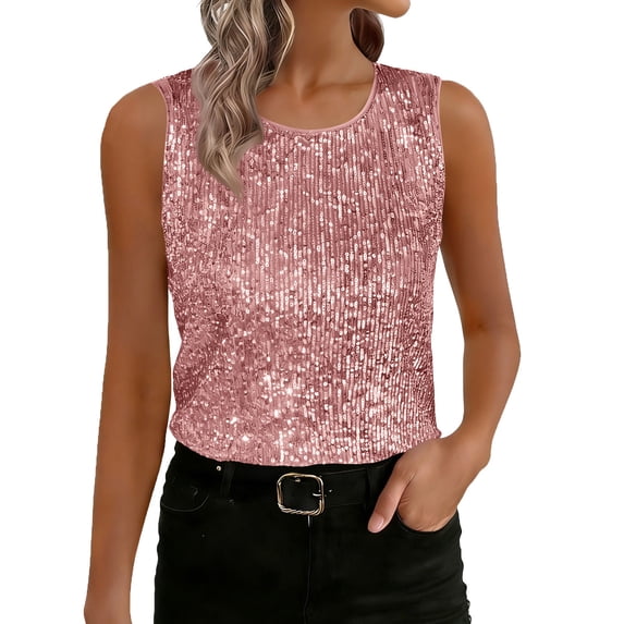 Ltctricy Women's Sequin Tank Tops Sparkly Sleeveless Crew Neck Glitter T-Shirts Shiny Cami Shirts Club Party Vests