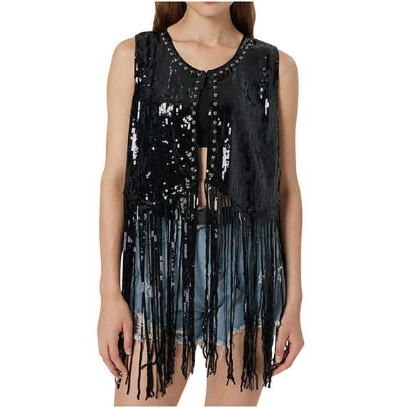 Ltctricy Women's Sequin Tassel Vest Sparkly Open Front Sleeveless Jackets Trendy Party Waistcoat Clubwear