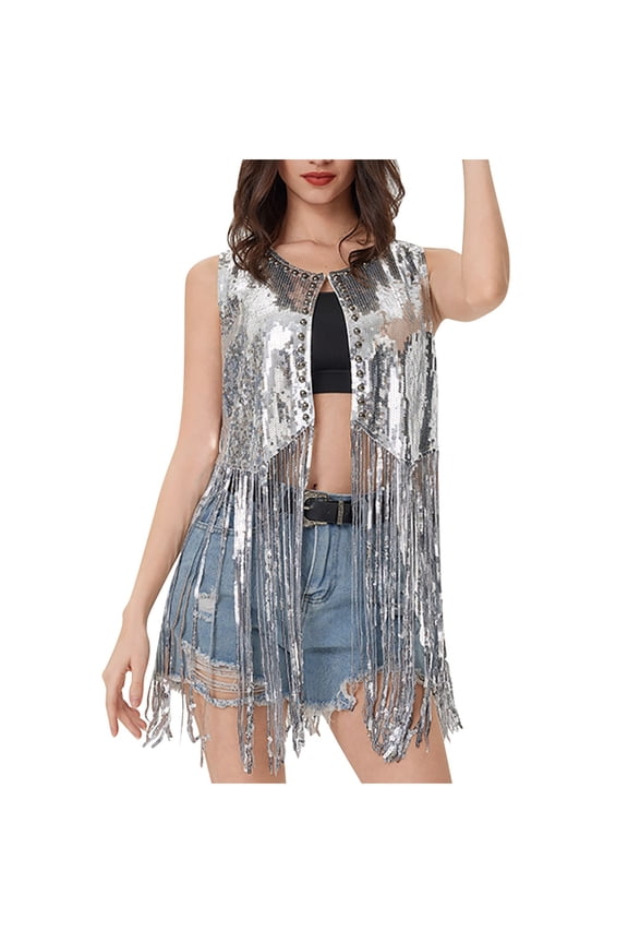 Women's Sequin Tassel Vest Sparkly Open Front Sleeveless Jackets Trendy Party Waistcoat Clubwear
