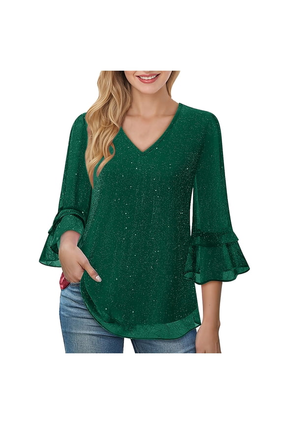 Women's Sequin Tops Dressy Casual 3/4 Bell Sleeve V Neck Double Layers Ruffle Hem Glitter Mesh Shirts Party Tunic Blouses(Green,Medium)