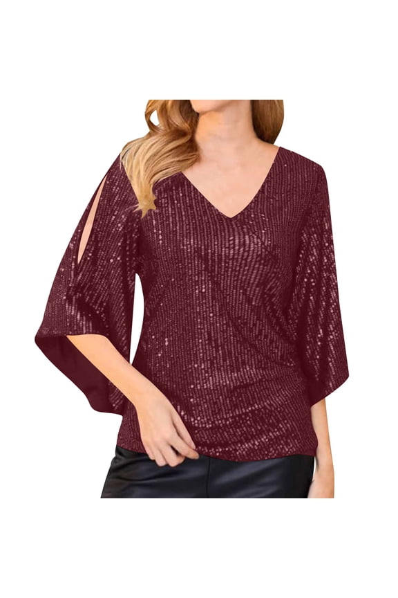 Women's Sequin Tops Plus Size 3/4 Bell Sleeve V Neck Sparkly Glitter T Shirts Party Clubwear Shiny Blouses(Wine,4X-Large)
