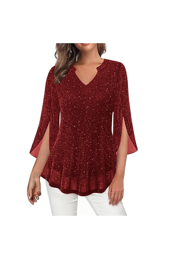 Women's Sequin Tunic Tops Sparkly 3/4 Bell Sleeve V Neck Ruffle Hem Plus Size Glitter Mesh Shirts Party Tunic Blouses(Wine,Medium)