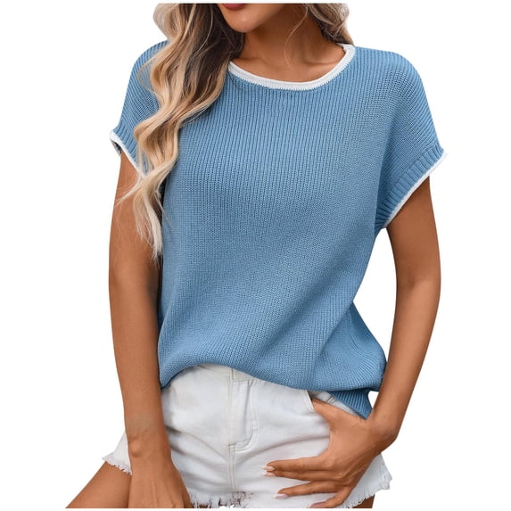 Ltctricy Women's Short Sleeve Sweaters Crew Neck Color Block Lightweight Knit Pullover Tops Loose Tunic Blouses