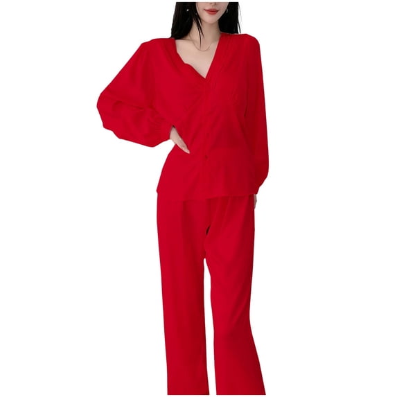 Ltctricy Women's Silk Satin Pajama Sets Lantern Long Sleeve V Neck Lace Button down Sleepwear Tops Pants 2 Piece Lounge Sets(Wine,X-Large)